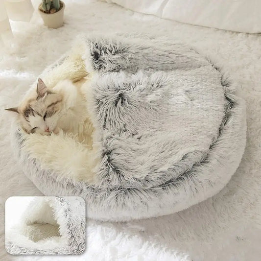 Soft Plush Pet Bed with Cover round Cat Bed Pet Mattress Warm Cat Dog 2 in 1 Sleeping Nest Cave for Small Dogs