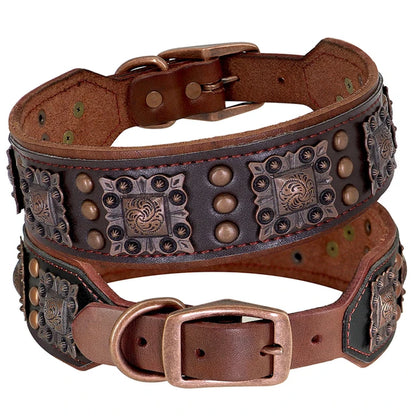 2Inch Wide Luxury Genuine Leather Dog Collar Cool Spikes Dog Collars Durable Metal Rivet Collars for Pitbull German Shepherd