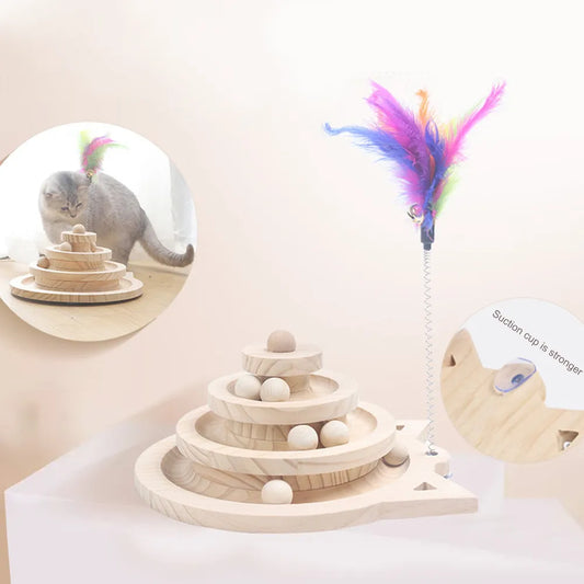 Wooden 2/3 Levels Pet Cat Toy Tower Tracks Disc Cat Intelligence Amusement Triple Play Disc Cat Toys Ball Training Toys