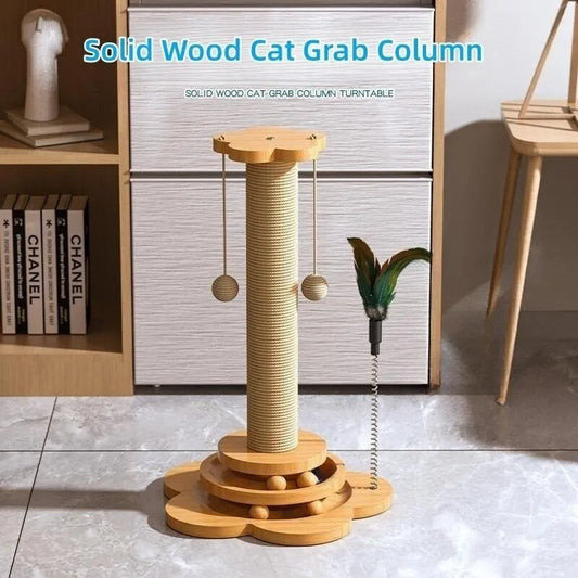 Pet Cat Toy Solid Wood Cat Turntable Funny Cat Stick Balls Durable Sisal Scratching Board Cat Supplies Cat Grab Column
