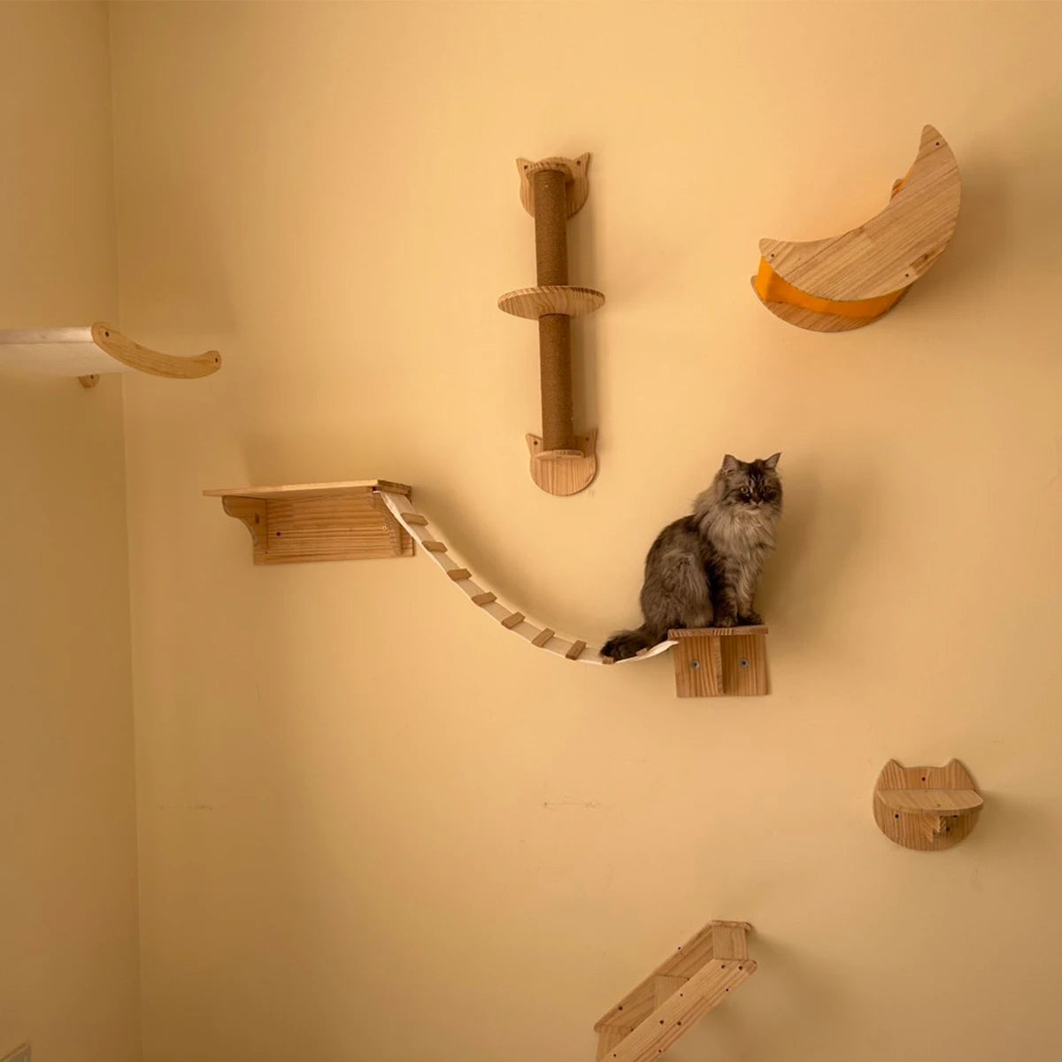 Wall Mounted Cat Tree Scratching Post Cats Climbing Shelf Kitten Wall Climbing Furniture Four Step Stair Indoor Wood Cat Hammock