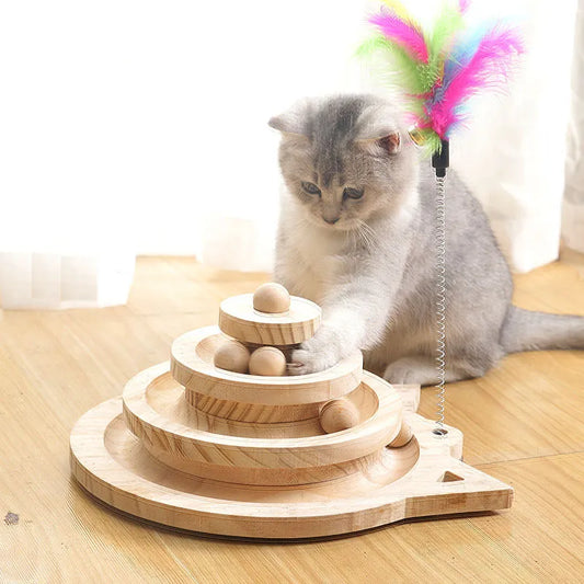 Wooden 2/3 Levels Pet Cat Toy Tower Tracks Disc Cat Intelligence Amusement Triple Play Disc Cat Toys Ball Training Toys